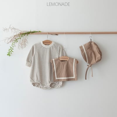 LEMONADE28｜(55cm-85cm) 2色條紋棉質包屁衣含帽子圍兜10