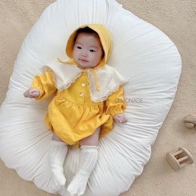 LEMONADE43｜(55cm-85cm) 3色蕾絲花邊翻領包屁衣含帽子12