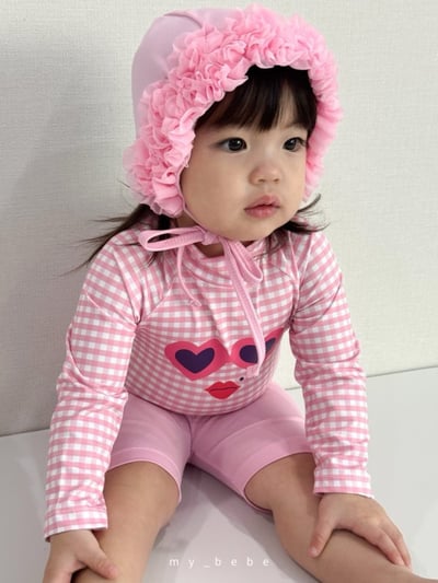 my_bebe05｜(75-105cm) 格紋長袖泳衣/花邊泳帽8