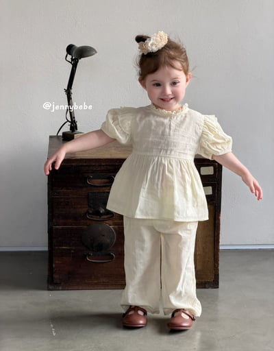 JE681｜(80-110cm)  泡泡袖花邊緞帶套裝3