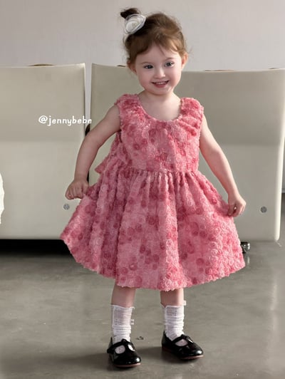 JE726｜(80-130cm) 粉嫩玫瑰花綁帶蓬蓬洋裝11