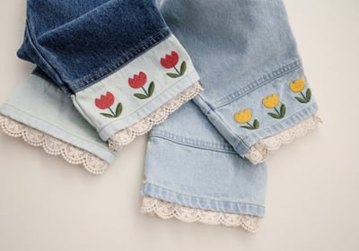 FLO47｜(75-140) 2色鬱金香蕾絲邊牛仔褲20