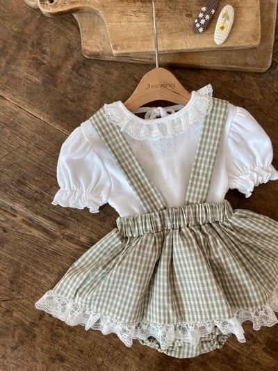 Anne Shirley16｜(3m-22m) 1色格紋蕾絲邊吊帶包屁裙4