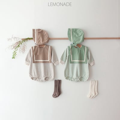 LEMONADE28｜(55cm-85cm) 2色條紋棉質包屁衣含帽子圍兜1