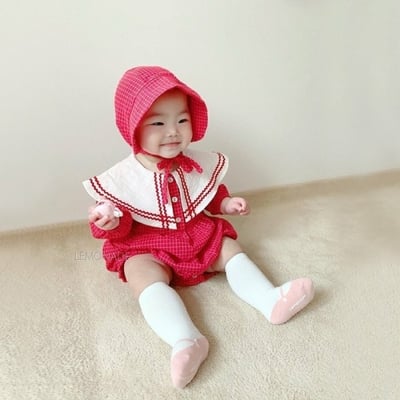 LEMONADE40｜(55cm-85cm) 2色格紋翻領包屁衣含帽子2