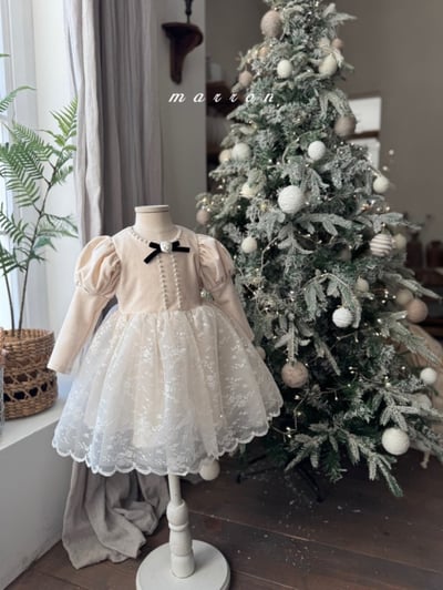 Marron 60｜(1y-6y) 宮廷袖珍珠蕾絲紗洋裝1