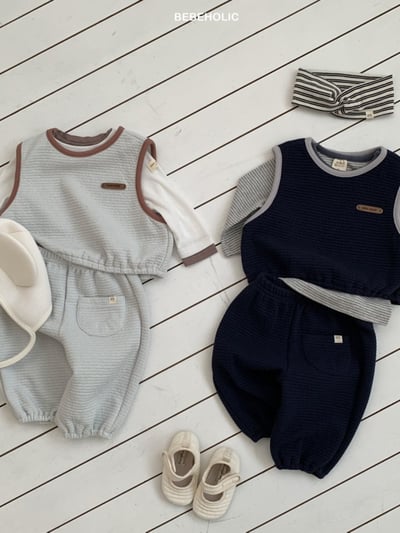 Bebe holic53｜(3m-18m) 滾邊壓紋無袖長褲套裝2