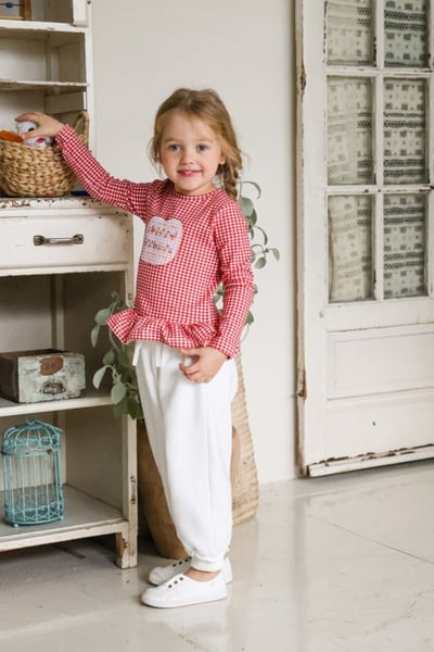 FLO46｜(75-140) 3色格紋蘋果花布荷葉邊上衣3