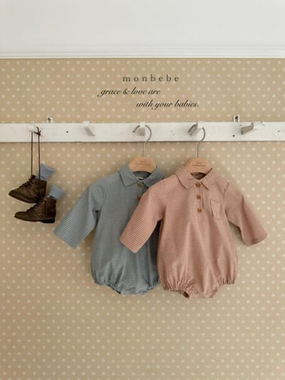 MONBEBE16｜(3m-24m) 細格紋有領包屁衣12