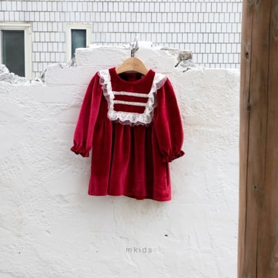 M-KIDS37｜(65-115cm) 2色法式絨面蕾絲洋裝3