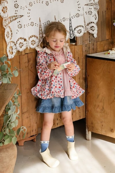 FLO49｜(75-140) 2色田園碎花蕾絲花邊連帽外套2