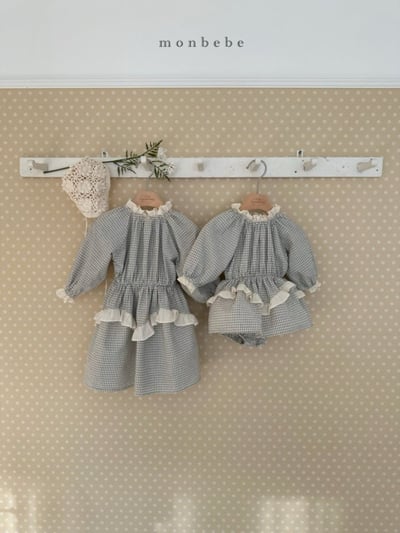 MONBEBE39｜(3m-24m) 格紋蕾絲滾邊洋裝包屁衣12