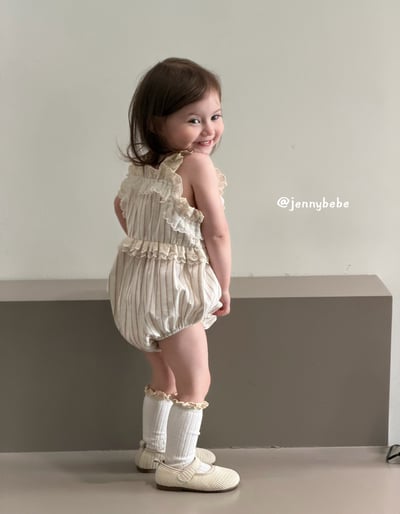 JE691｜(66-90cm)  蕾絲花邊條紋無袖包屁衣2