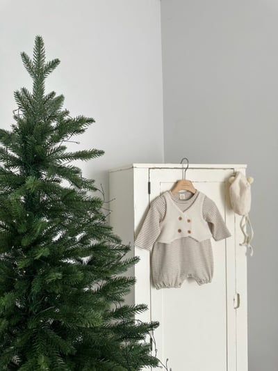 MONBEBE13｜(3m-24m) 紳士刷毛排扣背心條紋連身衣5