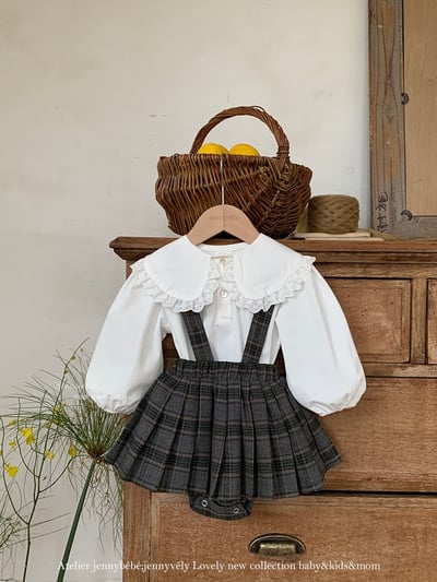 JE562｜(73-100cm) 蕾絲大翻領襯衫/格紋(可拆)吊帶包屁裙7