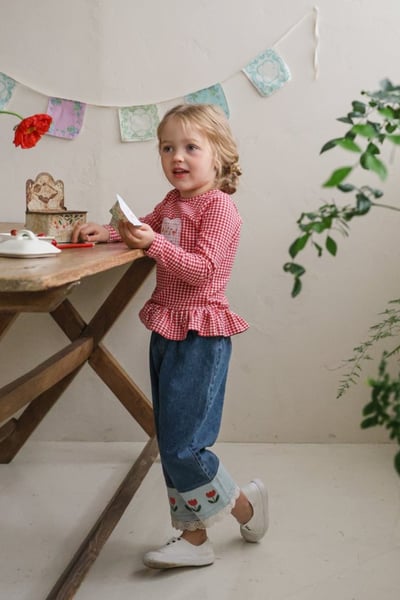 FLO47｜(75-140) 2色鬱金香蕾絲邊牛仔褲3