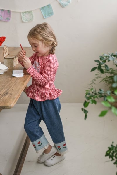 FLO46｜(75-140) 3色格紋蘋果花布荷葉邊上衣14