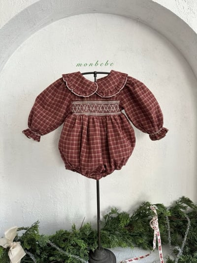 MONBEBE55｜(3m-24m) 荷葉領縮口袖格紋包屁衣2