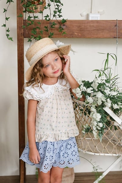 FLO39｜(75-140) 蕾絲翻領碎花公主袖上衣16