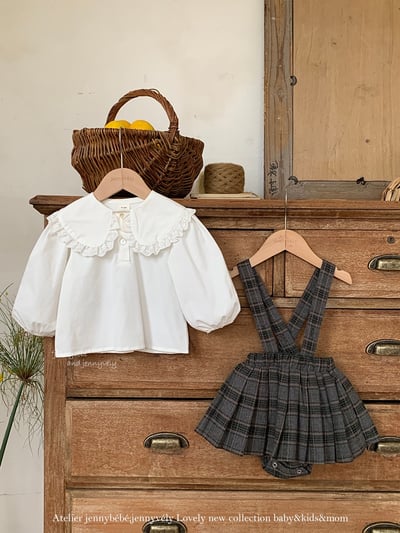 JE562｜(73-100cm) 蕾絲大翻領襯衫/格紋(可拆)吊帶包屁裙1