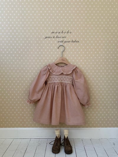 MONBEBE17｜(1y-8y) 細格紋荷葉領洋裝3