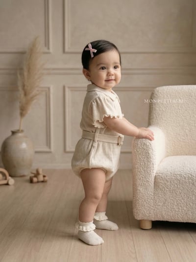 Mon petit07｜(66-90cm) 有領捲邊腰帶包屁衣8