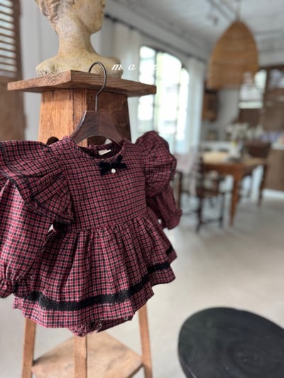 Marron 40｜(3m-18m) 法式荷葉袖格紋層次裙包屁衣14