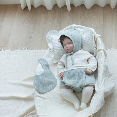 LEMONADE26｜(55cm-85cm) 2色撞色拼接包屁衣含帽子圍兜3