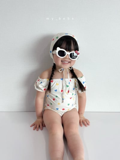 my_bebe02｜(75-105cm) 抓皺小花愛心泳衣含泳帽16