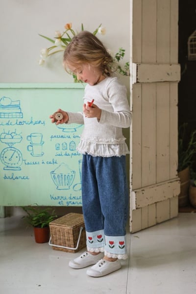 FLO47｜(75-140) 2色鬱金香蕾絲邊牛仔褲1