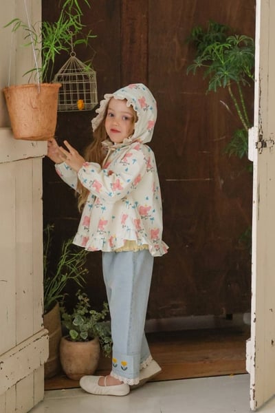 FLO49｜(75-140) 2色田園碎花蕾絲花邊連帽外套13