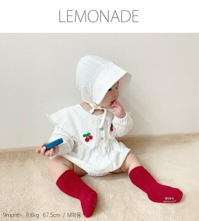 LEMONADE39｜(55cm-85cm) 1色櫻桃蕾絲花邊翻領包屁衣含帽子4