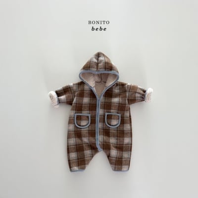 Bonito66｜(3m-18cm) 格紋口袋連帽拉鍊連身衣6