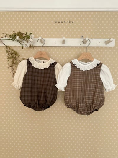 MONBEBE34｜(3m-24m) 排釦格紋吊帶包屁褲2