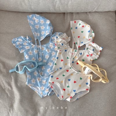 my_bebe02｜(75-105cm) 抓皺小花愛心泳衣含泳帽3