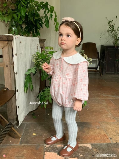 JE525｜(66-90cm) 粉嫩蝴蝶結格紋包屁衣5