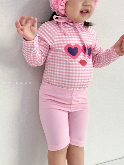 my_bebe05｜(75-105cm) 格紋長袖泳衣/花邊泳帽7
