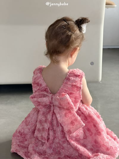 JE726｜(80-130cm) 粉嫩玫瑰花綁帶蓬蓬洋裝6