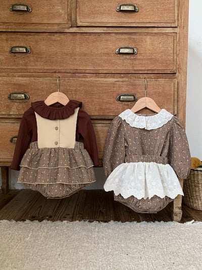 JE628｜(73cm-100cm) 格紋玫瑰花蕾絲包屁衣15