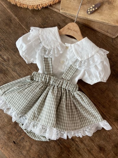 Anne Shirley16｜(3m-22m) 1色格紋蕾絲邊吊帶包屁裙5