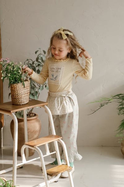 FLO36｜(75-140) 3色法式圍裙碎花荷葉長褲2