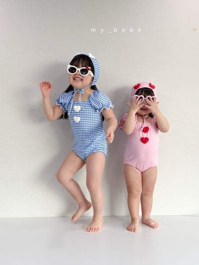my_bebe03｜(75-105cm) 荷葉抓皺愛心泳衣含泳帽5