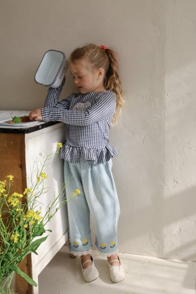 FLO46｜(75-140) 3色格紋蘋果花布荷葉邊上衣12