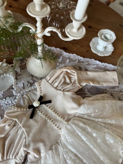 Marron 59｜(3m-18m) 宮廷袖珍珠蕾絲薄紗包屁衣9