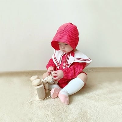 LEMONADE40｜(55cm-85cm) 2色格紋翻領包屁衣含帽子4