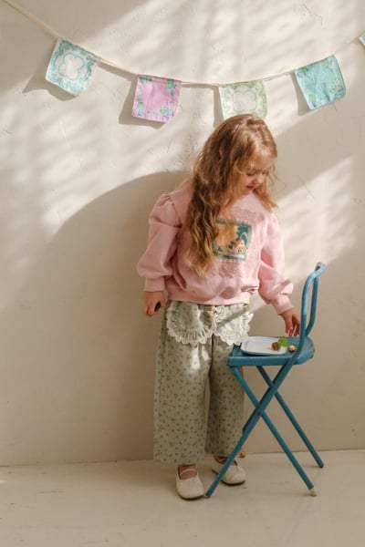 FLO52｜(75-140) 2色碎花蕾絲口袋直筒褲4