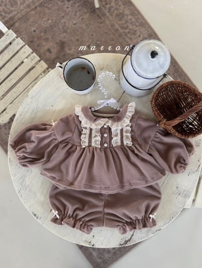 Marron 56｜(3m-18m) 宮廷袖蕾絲領花邊套裝2