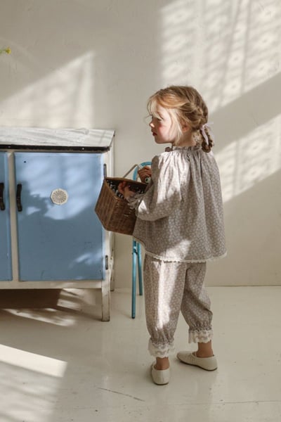 FLO25｜(75-140) 2色田園碎花蕾絲縮口褲5