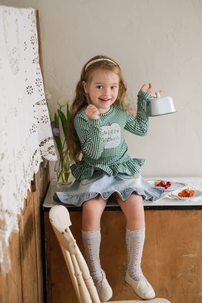 FLO46｜(75-140) 3色格紋蘋果花布荷葉邊上衣8