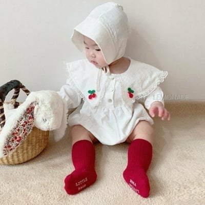 LEMONADE39｜(55cm-85cm) 1色櫻桃蕾絲花邊翻領包屁衣含帽子2